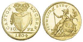 Schweiz / Switzerland / Suisse Luzern 10 Franken 1804. 4.75 g. D.T. 52. HMZ 2-667a. Fr.327. Leicht justiert / Light adjustment marks. 
Vorzüglich / E...
