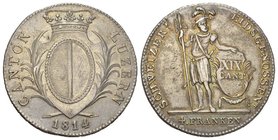 Schweiz / Switzerland / Suisse Luzern 4 Franken 1814, dreiblättriger Laubrand. Gekröntes ovales Luzerner Wappen zwischen zwei Palmzweigen. Rv. Stehend...
