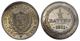 Schweiz / Switzerland / Suisse Nidwalden 1/2 Batzen 1811, Aarau. D./T. 94; HMZ 2­729a. 1,90 g. 
Fast unzirkuliertes Exemplar