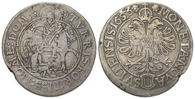 Schwyz. Taler 1653, Schwyz. Rv. Reitender hl. Martin mit Hut und Nimbus nach rechts, mit dem Schwert seinen Mantel für den am Boden sitzenden Bettler ...