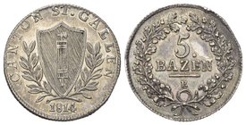 Schweiz / Switzerland / Suisse ST. GALLEN. Die Münzen von Stadt und Kanton St. Gallen. 5 Batzen 1814, St. Gallen. Variante mit Wappen zwischen Lorbeer...