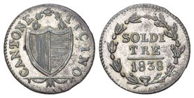 Schweiz / Switzerland / Suisse Tessin 3 Soldi 1838. 1.79 g. D.T. 218d. HMZ 2-928d. FDC / Uncirculated.