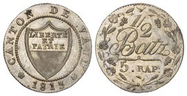 Schweiz / Switzerland / Suisse Waadt, Kanton 1/2 Batzen 1813. HMZ 2-1005 Stempelglanz/Erstabschlag, Prachtexemplar