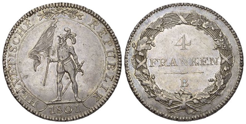 Schweiz / Switzerland / Suisse SCHWEIZ. HELVETISCHE REPUBLIK. 4 Franken 1801 B, ...