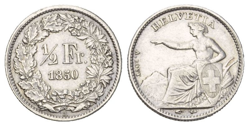 Schweiz / Switzerland / Suisse EIDGENOSSENSCHAFT 1/2 Franken 1850 A, Paris. Divo...