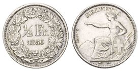 Schweiz / Switzerland / Suisse EIDGENOSSENSCHAFT 1/2 Franken 1850 A, Paris. Divo 4; HMZ 2-1205a.Vorzüglich-FDC mit feiner Tönung vorzüglich