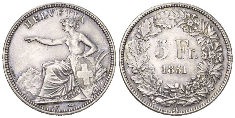 Schweiz / Switzerland / Suisse Eidgenossenschaft. AR 5 Franken 1851 A (25.00 g),...