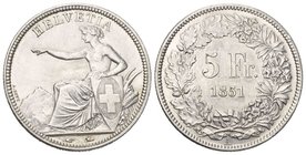 Schweiz / Switzerland / Suisse Eidgenossenschaft. AR 5 Franken 1851 A (25.00 g), Mzst. Paris. HMZ 2-1197b. Prächtige Tönung bis unzirkuliert