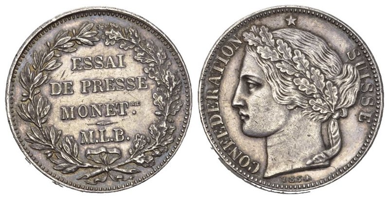 Schweiz / Switzerland / Suisse Eidgenossenschaft. Proben. 2 Franken 1854. Prägun...