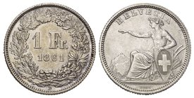 Schweiz / Switzerland / Suisse Eidgenossenschaft 1 Franken 1861. 5.00 g. Divo 30. HMZ 2-1203e prächtige Erhaltung bis 
unzirkuliert