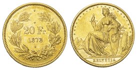 Schweiz / Switzerland / Suisse Eidgenossenschaft Proben 20 Franken 1873. 3-Punkt-Probe . 6.44 g. Divo 16. HMZ 2-1228a. Selten f
ast unzirkuliert