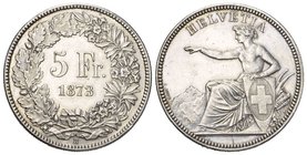 Schweiz / Switzerland / Suisse Eidgenossenschaft. 5 Franken 1873 B, Bern. 25.03 g. Divo 43. HMZ 2-1197c. Seltener Jahrgang / Rare date. vorzüglich bis...