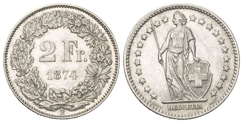 Schweiz / Switzerland / Suisse Eidgenossenschaft 2 Franken 1874. 9.98 g. Divo 48...