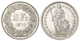 Schweiz / Switzerland / Suisse Eidgenossenschaft 2 Franken 1874. 9.98 g. Divo 48. HMZ 2-1202a. Seltenere Erhaltung. 
vorzüglich bis unzirkuliert