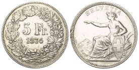 Schweiz / Switzerland / Suisse Eidgenossenschaft. 5 Franken 1874 B, Bern. 25.04 g. Divo 46. HMZ 2-1197d randschlag sonst gutes vorzüglich