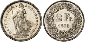 Schweiz / Switzerland / Suisse Eidgenossenschaft 2 Franken 1875. 10,02 g. Divo 50. HMZ 1202b. Teilweise spiegelglänzende Flächen. Herrliche Regenbogen...