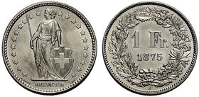Schweiz / Switzerland / Suisse EIDGENOSSENSCHAFT 1 Franken 1875 B, Bern. Divo 51; HMZ 2­1204a. Selten in dieser Erhaltung. Fein getöntes Prachtexempla...