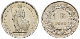 Schweiz / Switzerland / Suisse EIDGENOSSENSCHAFT 1 Franken 1880 B, Bern. Divo 73; HMZ 2­1204d prachtexemplar 
in MS 63 FDC