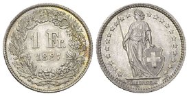 Schweiz / Switzerland / Suisse Eidgenossenschaft 1 Franken 1887. 5.00 g. Divo 103. HMZ 2-1204f. Prachtexemplar 
fast Stgl