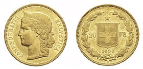 Schweiz / Switzerland / Suisse Eidgenossenschaft / Confederation 20 Franken 1888. Helvetiakopf mit Diadem nach links. Rv. Schweizer Wappenschild zwisc...