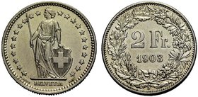 Schweiz / Switzerland / Suisse EIDGENOSSENSCHAFT 2 Franken 1903 B, Bern. Divo 203; HMZ 2-1202k fast Stgl MS 65