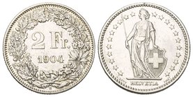Schweiz / Switzerland / Suisse Eidgenossenschaft 2 Franken 1904. 9.92 g. Divo 213. HMZ 2-1202j. 
Gutes vorzüglich bis unzirkuliert
