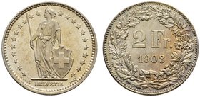 Schweiz / Switzerland / Suisse Eidgenossenschaft 2 Franken 1908. 9.99 g. Divo 247. HMZ 2-1202n. Prachtvolle 
Erhaltung. FDC