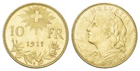 Schweiz / Switzerland / Suisse EIDGENOSSENSCHAFT 10 Franken 1911 B, Bern. Vreneli. 5,80 g Feingold. Divo 273; Fb. 503; Schl. 54. GOLD. Seltener Jahrga...