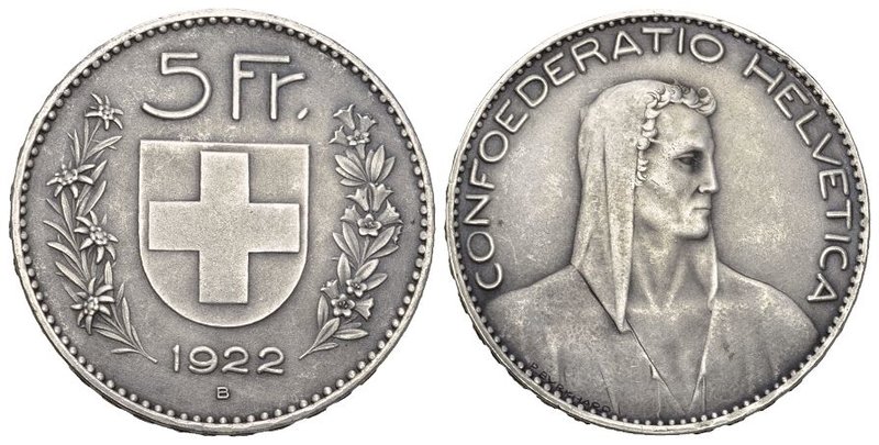 Schweiz / Switzerland / Suisse Eidgenossenschaft 5 Franken 1922, Matt Probe . 24...