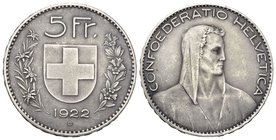 Schweiz / Switzerland / Suisse Eidgenossenschaft 5 Franken 1922, Matt Probe . 24,94 g. Divo 350. Ri-Proben 2-112 
HMZ 2-1199b. Äusserst selten. Nur 3...