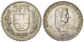 Schweiz / Switzerland / Suisse Eidgenossenschaft . AR 5 Franken 1925 (37 mm, 25.04 g).HMZ 2-1199e.
Vorzüglich.