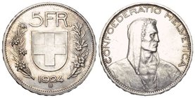 Schweiz / Switzerland / Suisse , Eidgenossenschaft. AR 5 Franken 1924 B (24.99 g), Mzst. Bern. HMZ 2-1199d.
Selten. Fast unzirkuliert.