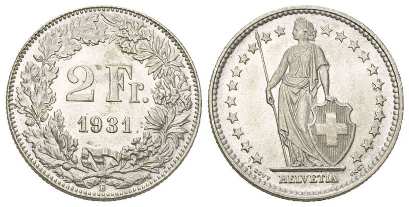 Schweiz / Switzerland / Suisse Eidgenossenschaft 2 Franken 1931. 9.98 g. Divo 40...