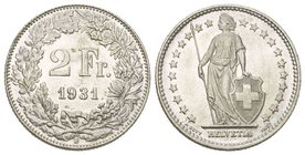 Schweiz / Switzerland / Suisse Eidgenossenschaft 2 Franken 1931. 9.98 g. Divo 401. HMZ 2-1202z. bis unzirkuliert