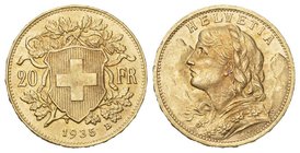Schweiz / Switzerland / Suisse Eidgenossenschaft seit 1850 20 Franken 1935 B Vreneli. Nur mit Buchtabe B selten. D.T. 293 Fb. 499 vorzüglich/Stempelgl...