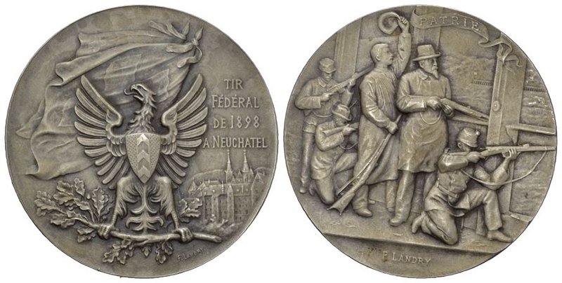 Schützenmedaillen Neuchâtel. Tir Federal Neuchâtel 1898, Silber. 38,29 g. Richte...