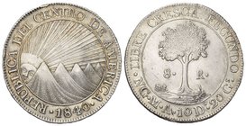 CENTRAL AMERICAN REPUBLIC. 8 Reales, 1840 NG M. About Uncirculated.
8 Reales, 1840 NG M. Guatemala. Sun rising l. over 5 mountain peaks. Rv. Ceiba tr...