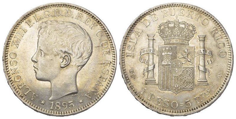 PUERTO RICO. Alfonso XIII, 1886-1898.
Peso, 1895 PGV. Young boy head l. Rv. Cro...