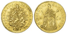 UNGARN Maria Theresia, 1740 - 1780. Dukat 1765 KB. Mzst. Kremnitz. Die Königin mit Insignien weltlicher Macht. / Die Himmelskönigin. 3,47 g. Huszár 16...