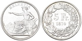 Schweiz 1874 B ohne Punkt 5 Franken Silber 25g KM 11 selten bis vorzüglich