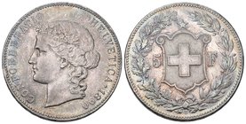 Schweiz 1890 5 Franken Silber 25g KM 34 Frauenkopf selten vorzüglich
