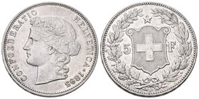 Schweiz 1895 5 Franken Silber 25g KM 34 Frauenkopf selten vorzüglich bis unzirkuliert