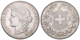 Schweiz 1904 5 Franken Silber 25g selten Frauenkopf KM 34 vorzüglich +