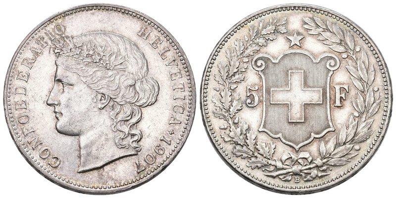 Schweiz 1907 5 Franken Silber 25g KM 34 selten Frauenkopf vorzüglich bis unzirku...