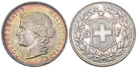 Schweiz 1907 5 Franken Silber 25g KM 34 selten Frauenkopf vorzüglich