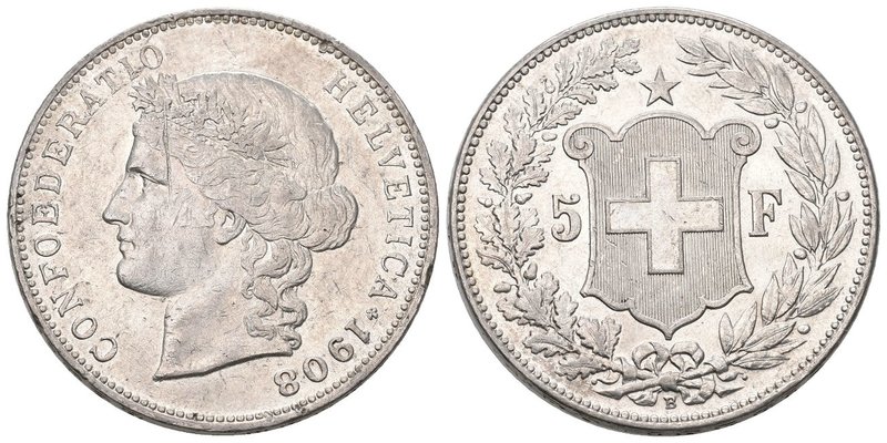 Schweiz 1908 5 Franken Silber 25g selten Frauenkopf KM 34 ss+ Kratzer