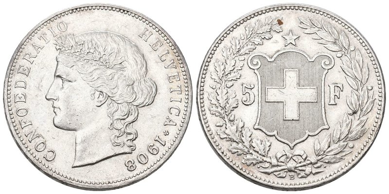 Schweiz 1908 5 Franken Silber 25g selten Frauenkopf KM 34 vorzüglich bis unzirku...