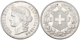 Schweiz 1908 5 Franken Silber 25g selten Frauenkopf KM 34 vorzüglich bis unzirkuliert