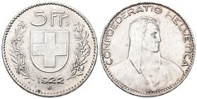 Schweiz 1922 5 Franken Silber KM 11 vorzüglich bis unzirkuliert