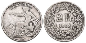 Schweiz 1862 2 Franken Silber 10g selten Sitzende Helvetia sehr schön